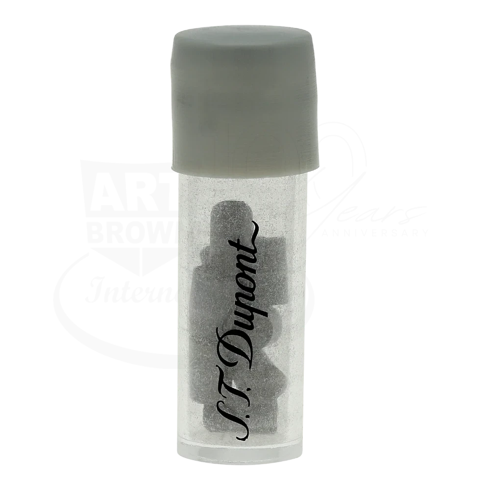 S.T. Dupont lighter flints in transparent plastic container with grey cap and black logo print on bottle