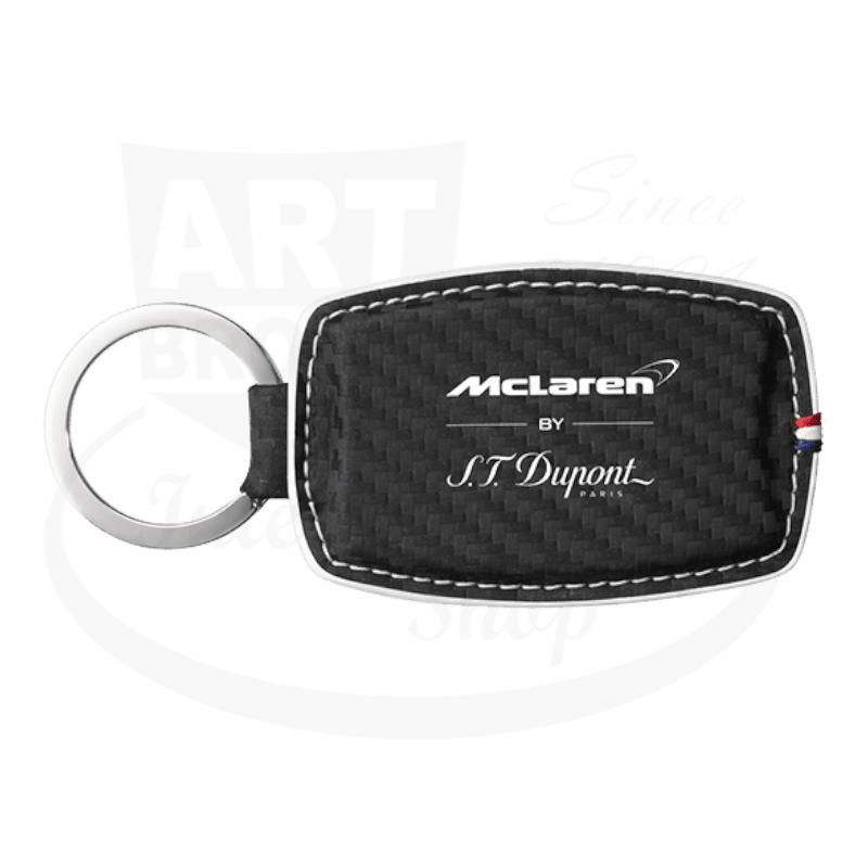 S.T. Dupont McLaren 003055 carbon fiber leather keyring with white stitching, silver metal ring, and French flag tag, featuring McLaren and Dupont logos