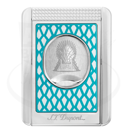 S.T. Dupont Game of Thrones cigar cutter stand with blue dragon scale design and silver finish, seen from the front.