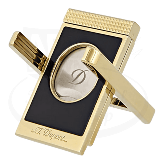 S.T. Dupont 003393 brass and lacquer cigar cutter stand featuring black panel, gold-tone diamond pattern, and D logo with elegant holder design