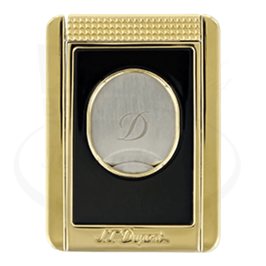 S.T. Dupont 003393 Black Lacquer and Gold-Plated Metal Cigar Cutter Stand with Diamond Pattern and D Logo Emblem, Rectangular Design