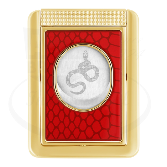 S.T. Dupont cigar cutter & stand with Snake scale motif on red lacquer, seen from the back.