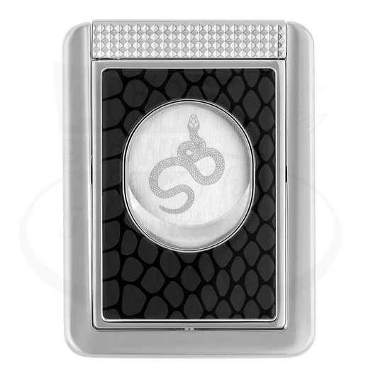 S.T. Dupont cigar cutter & stand with Snake scale motif on black lacquer, seen from the back.