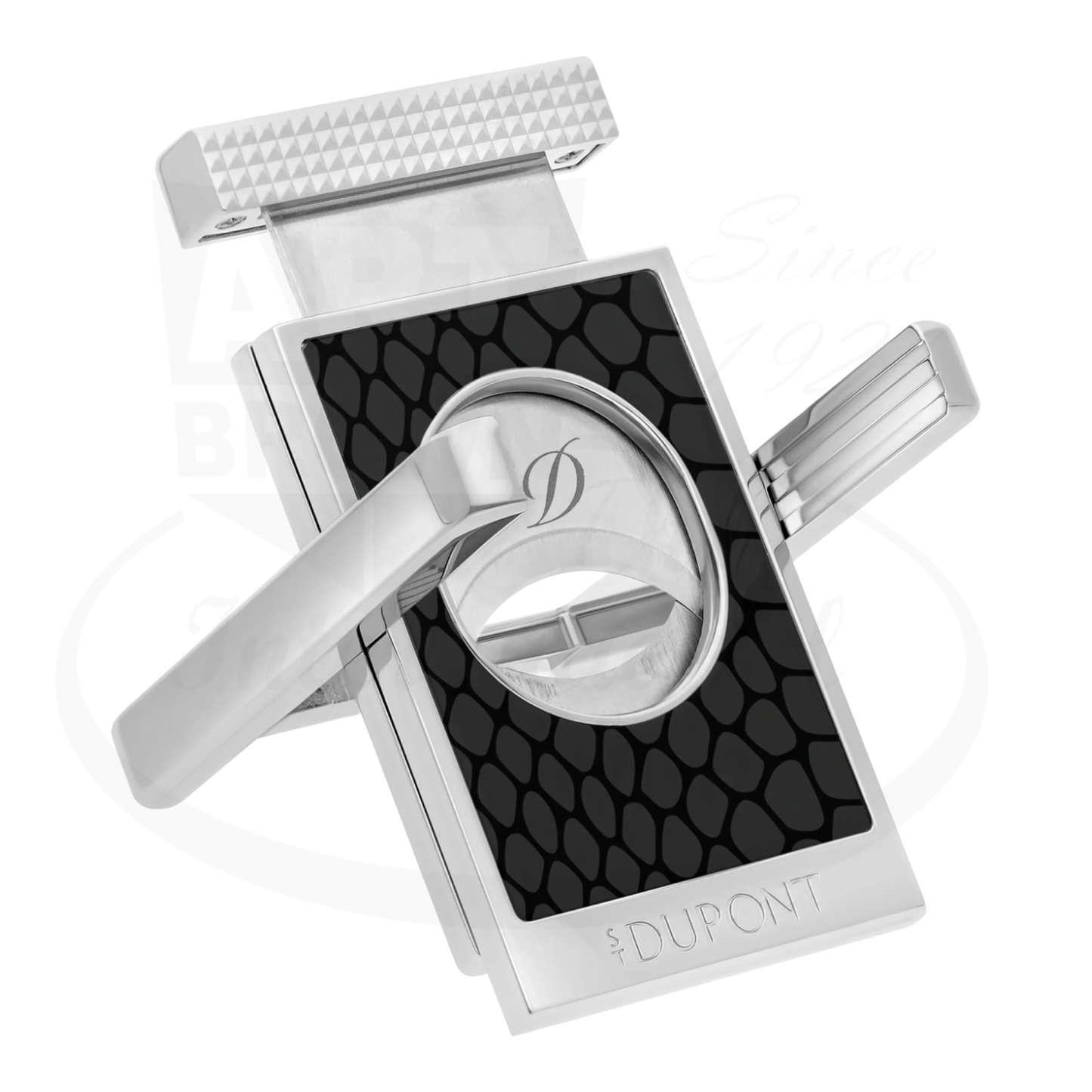 S.T. Dupont cigar cutter & stand with Snake scale motif on black lacquer, with stand opened.
