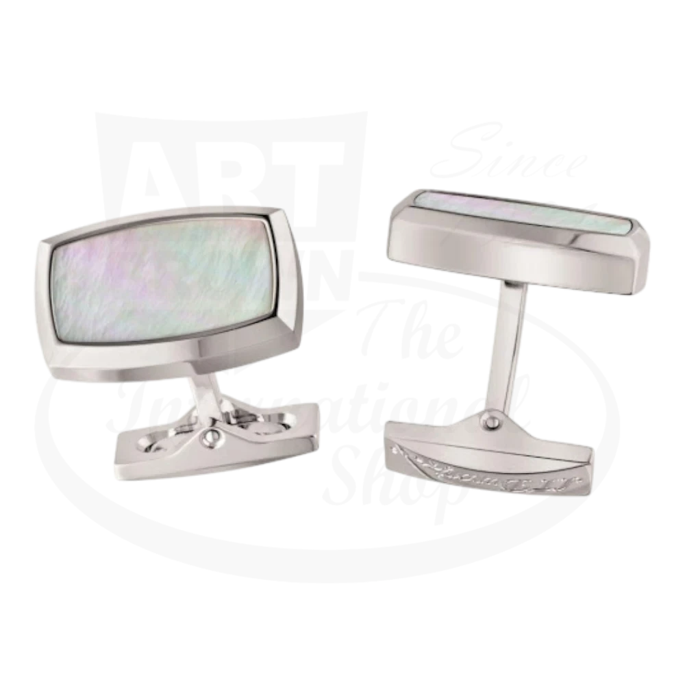 Palladium plated brass cushion shaped cufflinks with mother of pearl inlay and S.T. Dupont engraving.