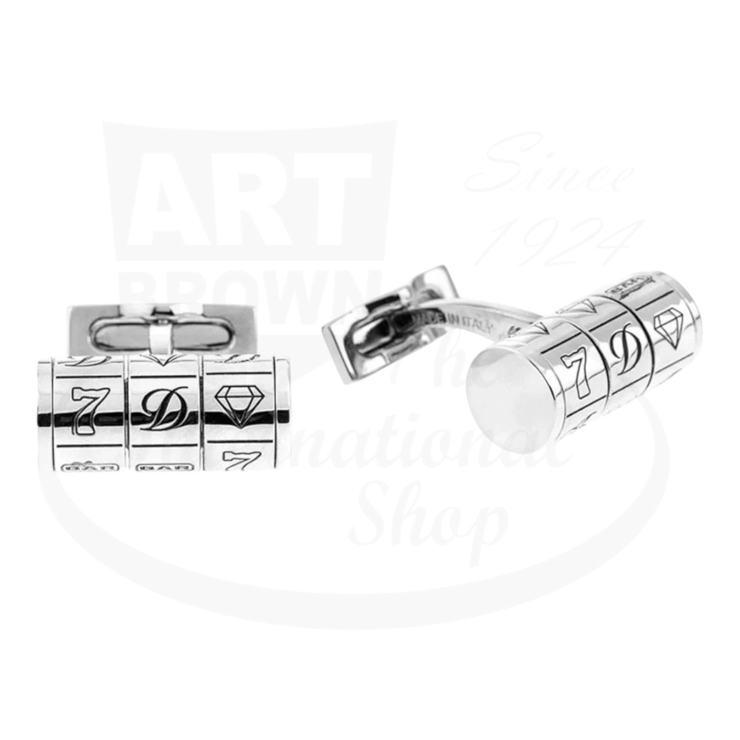 S.T. Dupont palladium gambler cufflinks, seen from the front and an angle.