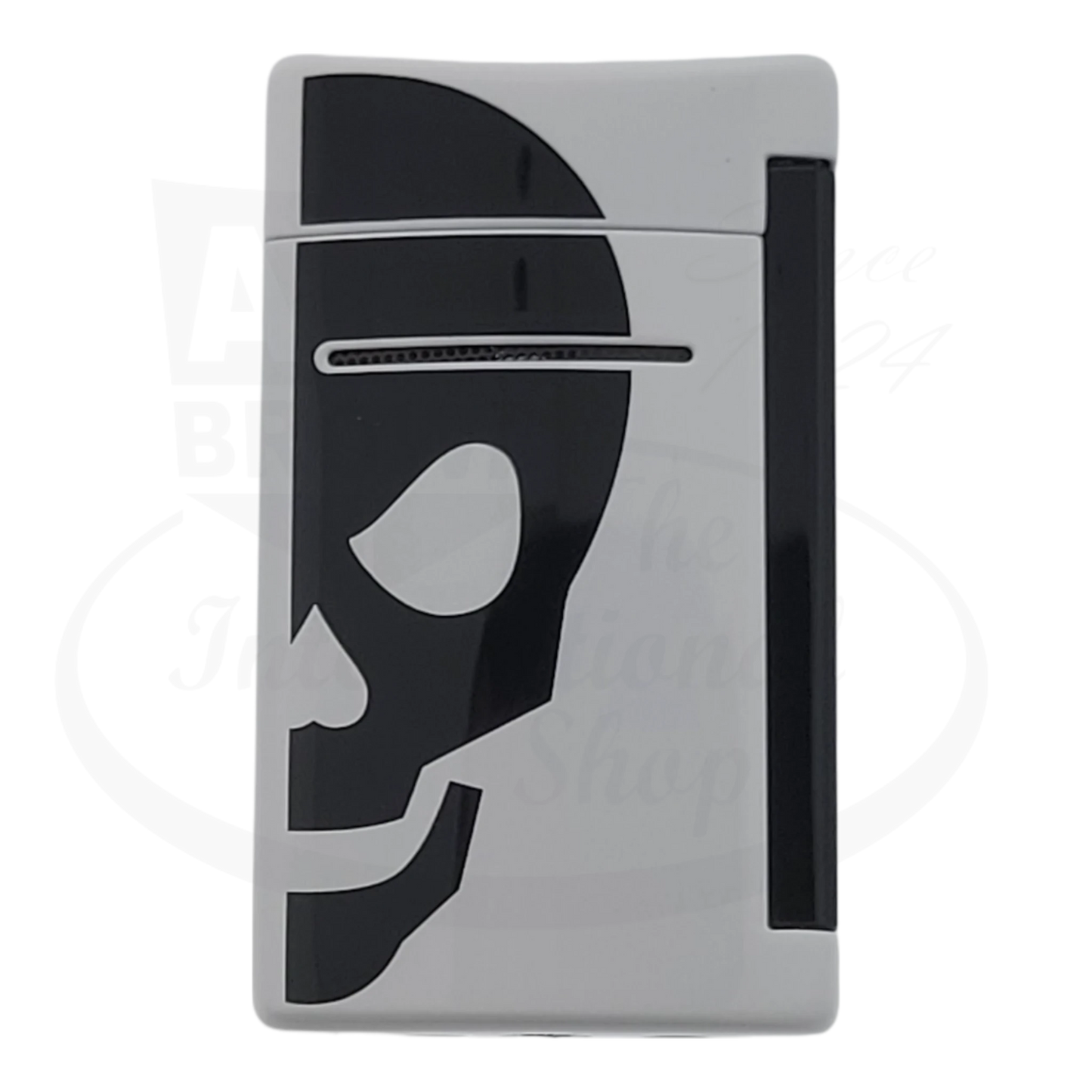 Full front of S.T. Dupont Minijet white lighter with black skull design, 010056.