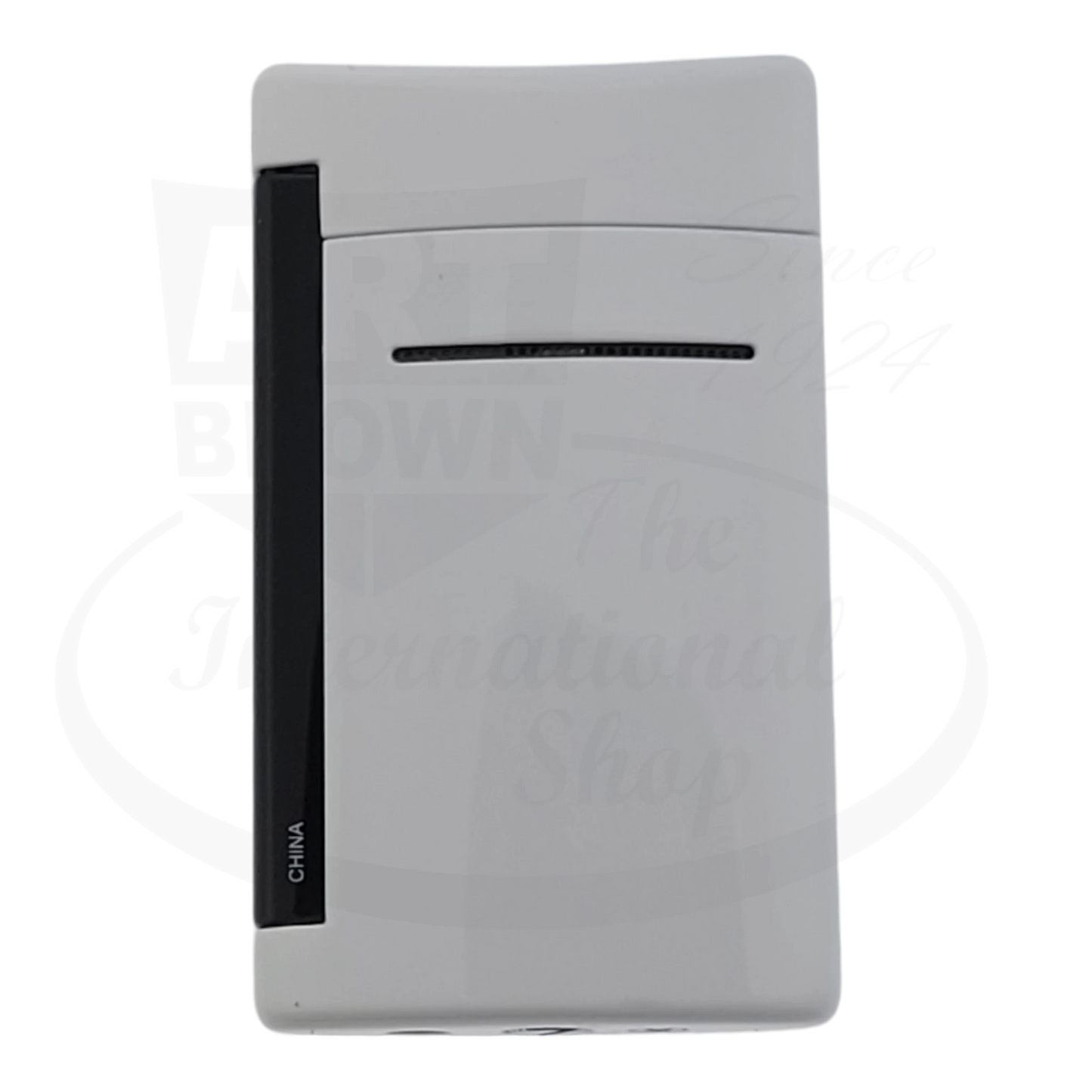 Back view of S.T. Dupont Minijet white lighter with black accent, 010056.