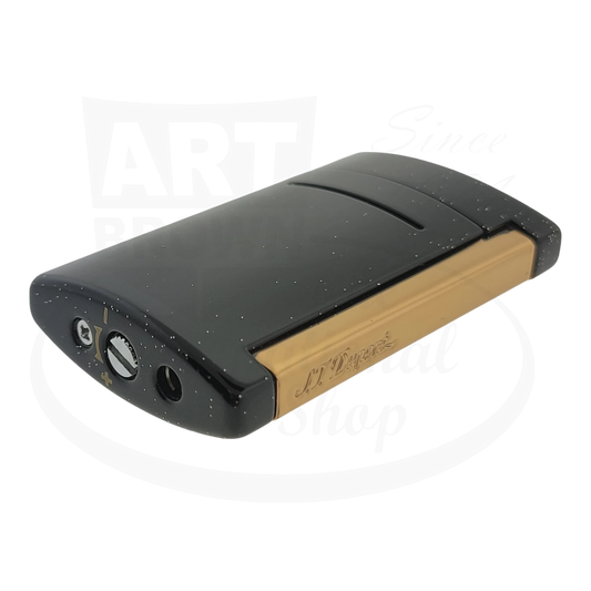 Side view of S.T. Dupont Minijet lighter in black with silver dust and gold trim, 010058.