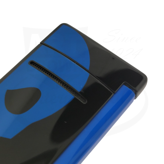 Close-up of S.T. Dupont Minijet black lighter with blue skull design, 010063.