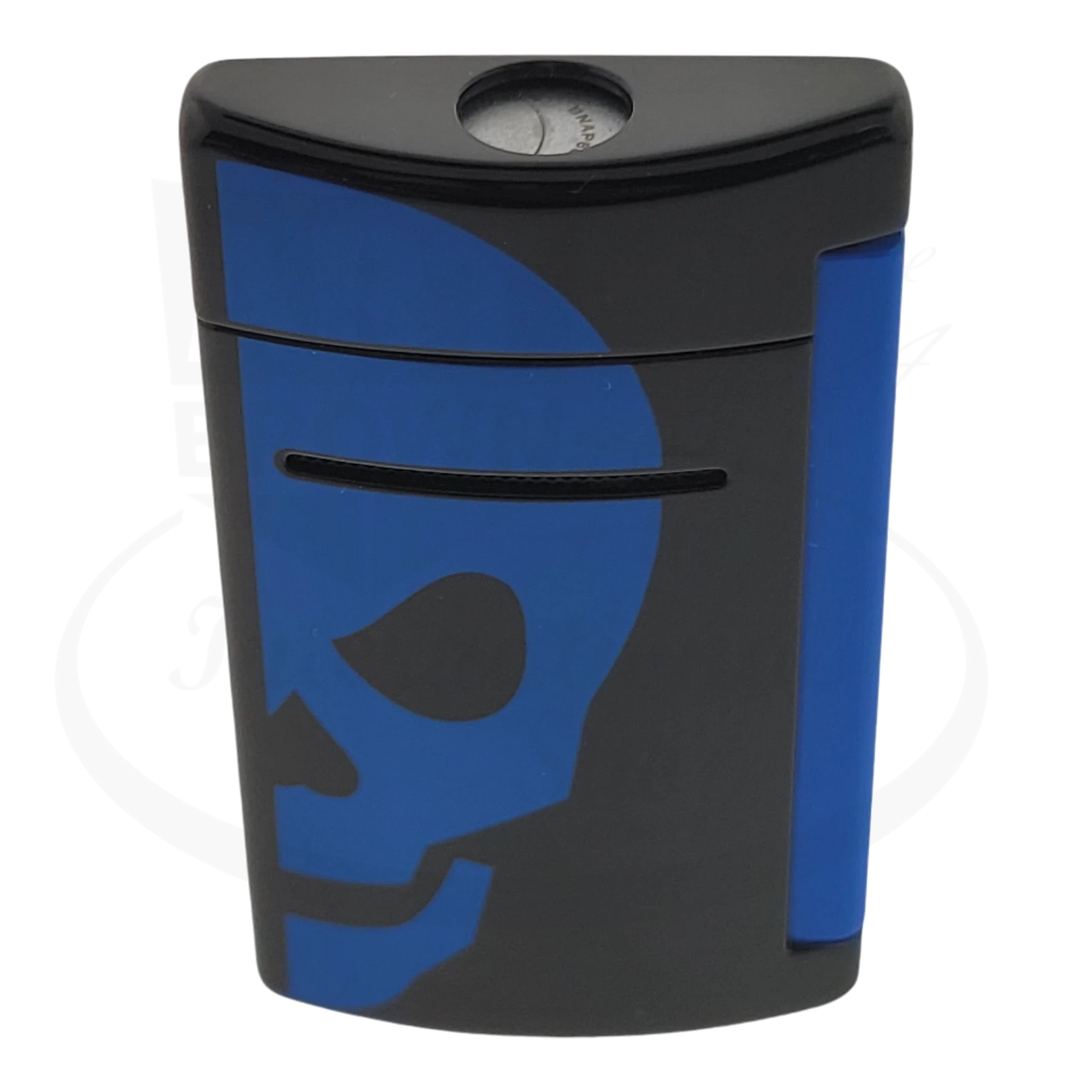 Front view of S.T. Dupont Minijet black lighter featuring a blue skull motif, 010063.