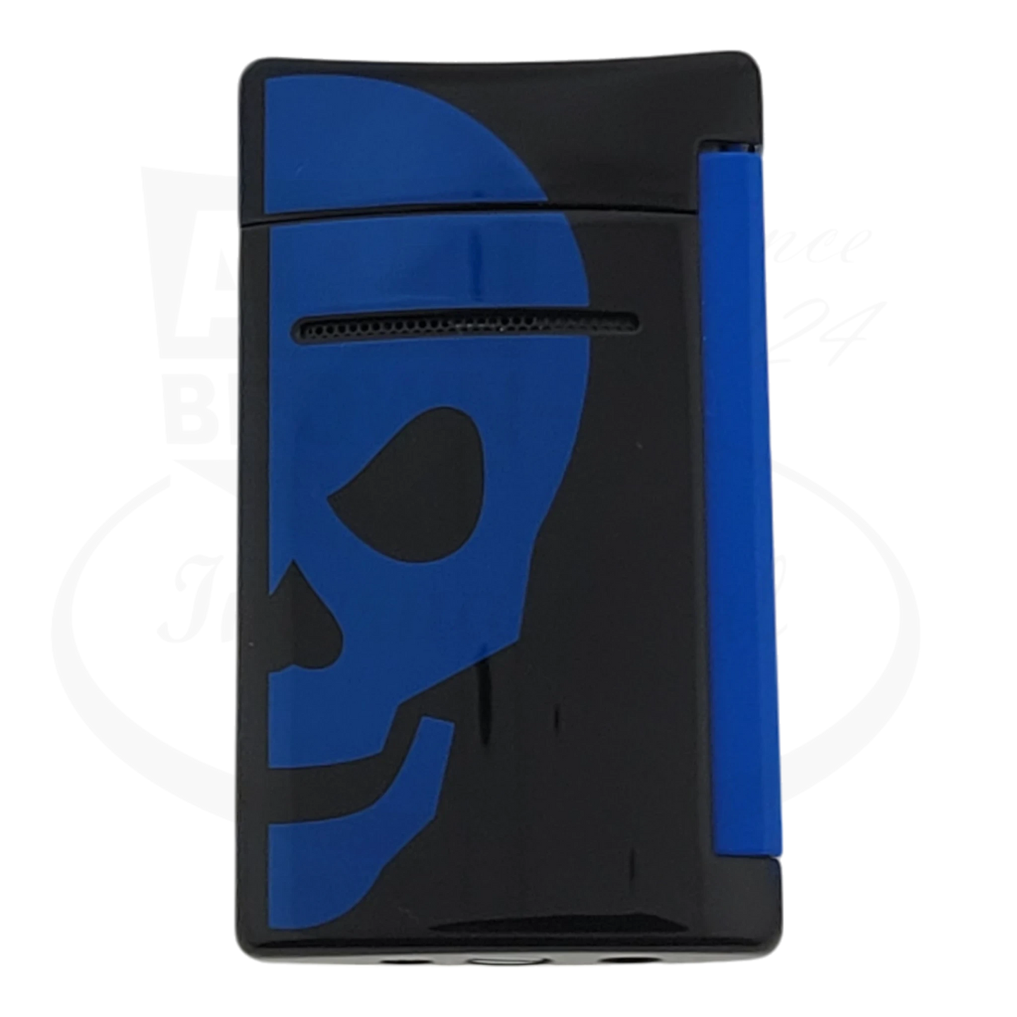 Full front of S.T. Dupont Minijet black lighter with blue skull design, 010063.