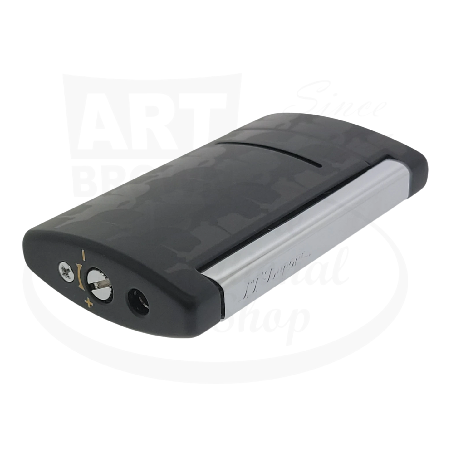 Side view of S.T. Dupont Minijet Karl Lagerfeld Black lighter with chrome trim, model 010069.