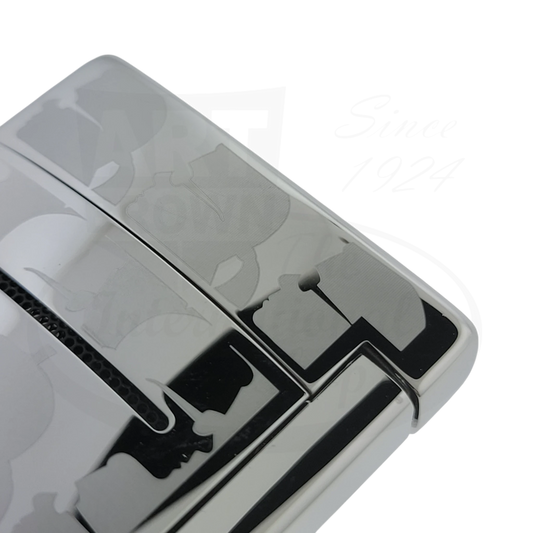 Close up view of S.T. Dupont Minijet Karl Lagerfeld Chrome lighter with silver trim, model 010070.