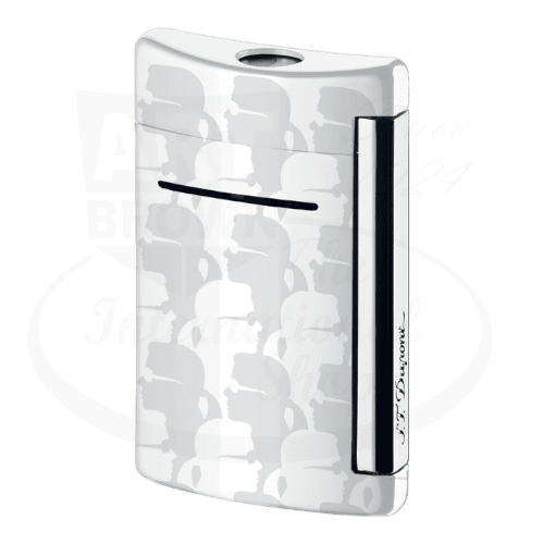 S.T. Dupont Minijet 010071 metal lighter in white with chrome accents, featuring repeating silhouette pattern, compact torch design