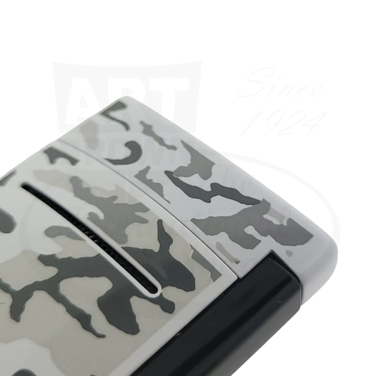 S.T. Dupont MiniJet torch lighter in white camouflage pattern with black base, lacquer-brass construction, featuring angular design and side ignition
