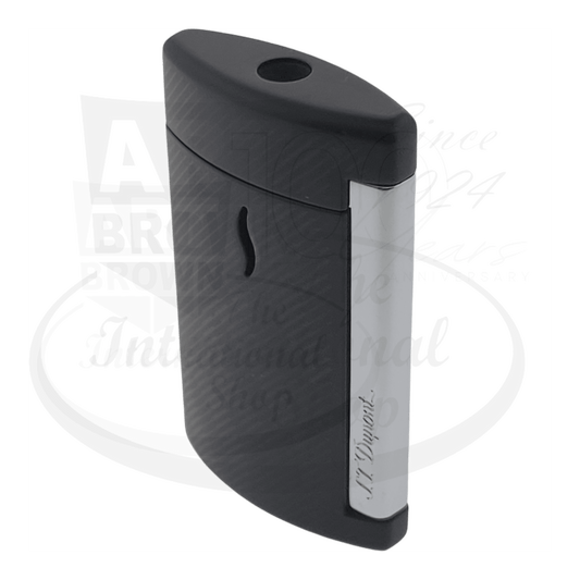 S.T. Dupont Minijet 007 Black lighter, angled view with sleek black finish and silver accents.