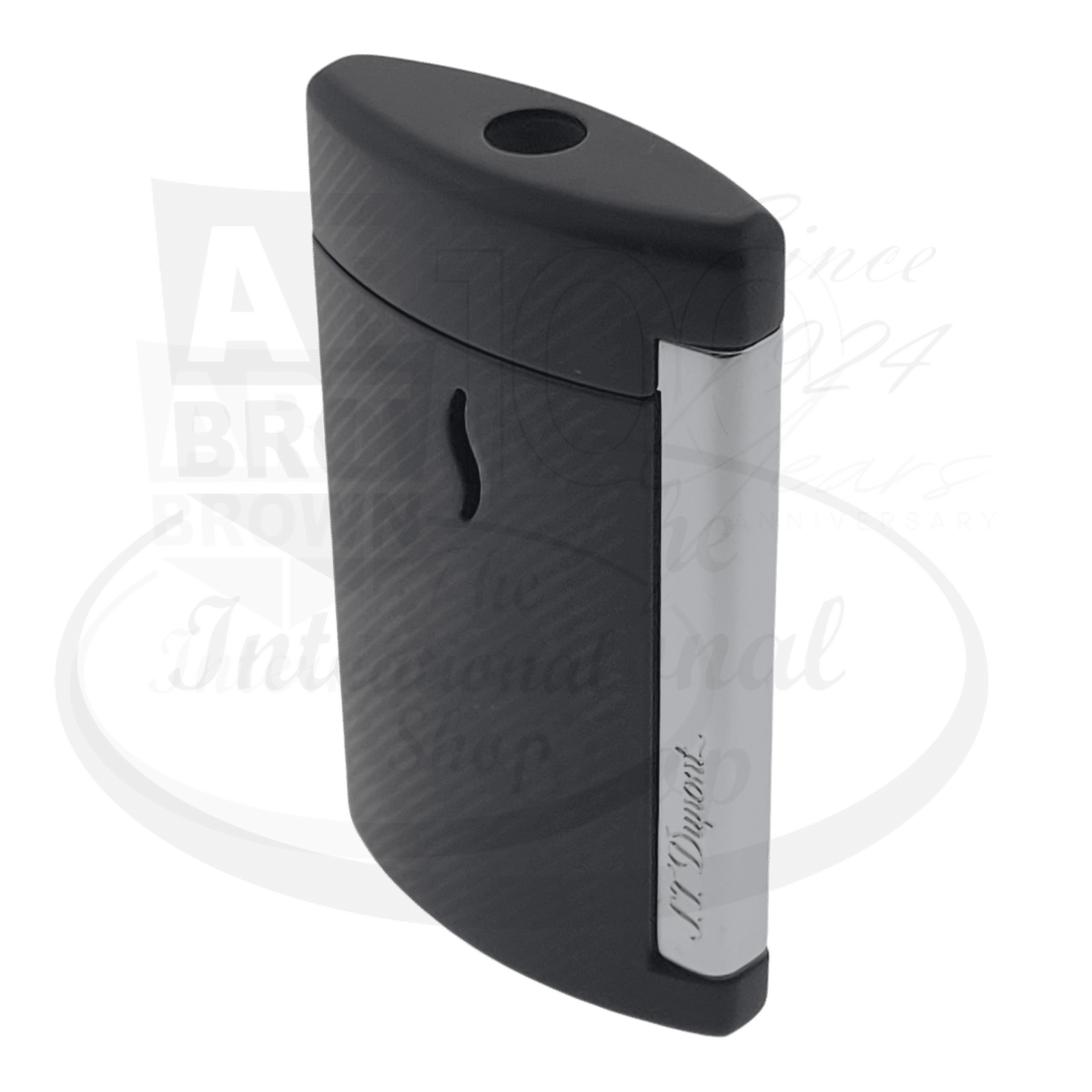 S.T. Dupont Minijet 007 Black lighter, angled view with sleek black finish and silver accents.