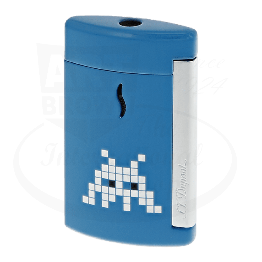 S.T. Dupont Minijet 010544 metal blue torch lighter with pixelated space alien design, chrome side accent, ergonomic curved body