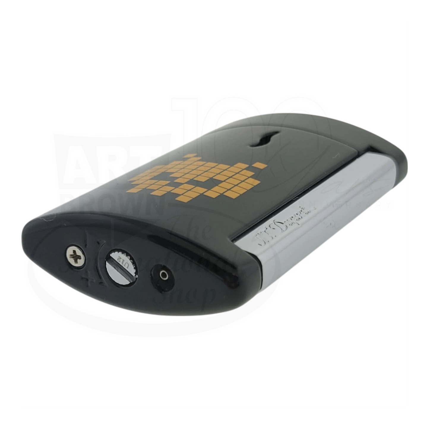 Black and silver luxury cigar lighter with gold pixelated space alien skull design and fuel adjustment dial