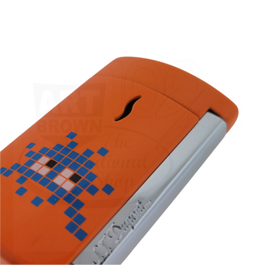 Orange luxury lighter with pixelated blue alien design and chrome accents, inspired by space and retro arcade games.