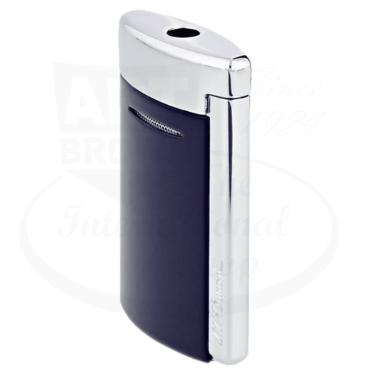 S.T. Dupont Minijet 010801 metal-lacquer lighter in navy blue with chrome accents, sleek curved design, compact pocket size