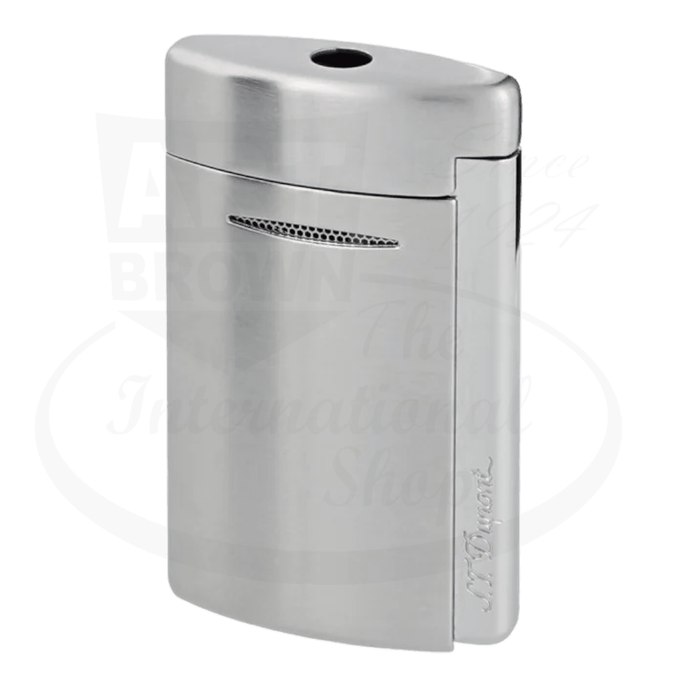 S.T. Dupont Minijet 010887 brushed chrome lighter with sleek ergonomic design, compact body, and piezo ignition system