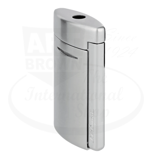 S.T. Dupont Minijet 010887 brushed chrome lighter, compact ergonomic design with piezo ignition system, sleek metallic finish, curved body