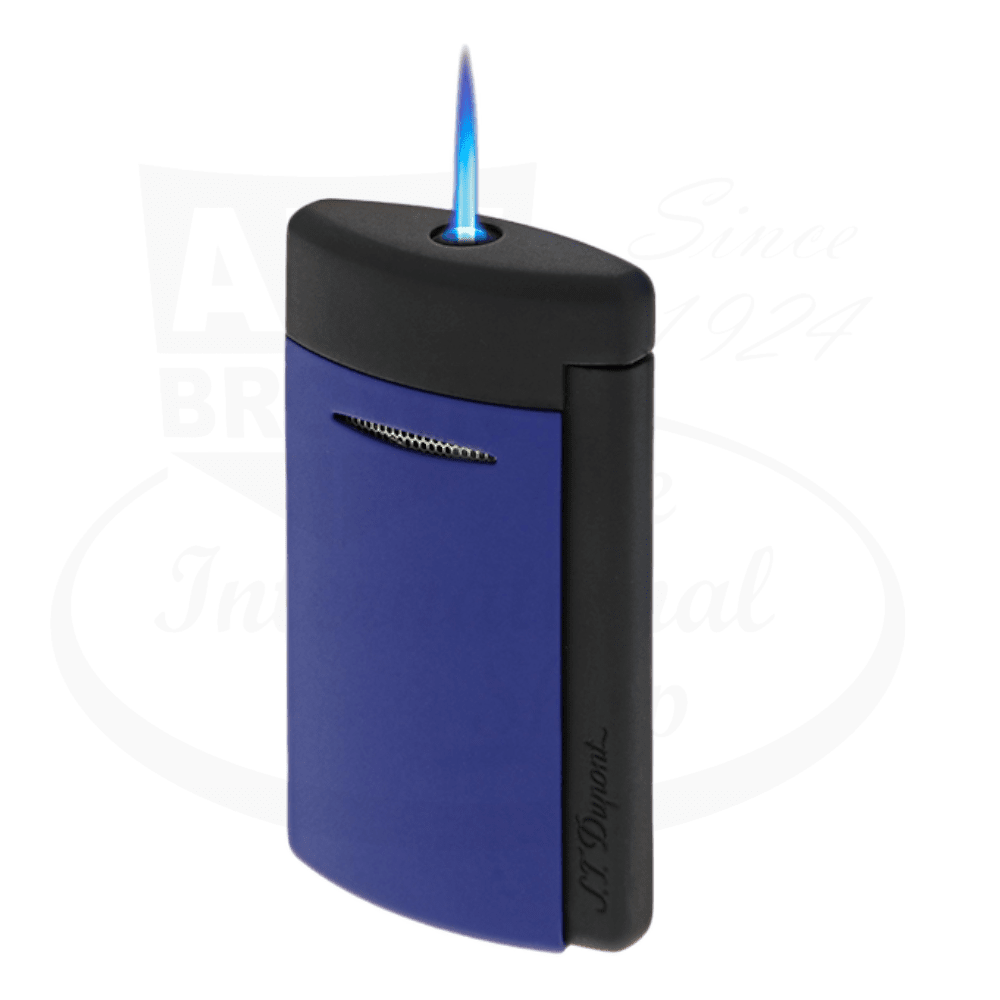 S.T. Dupont Minijet 010860 lacquered matte black and ocean blue torch lighter with blue flame, compact rectangular design