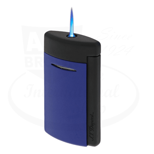 S.T. Dupont Minijet 010860 lacquered matte black and ocean blue torch lighter with blue flame, compact rectangular design