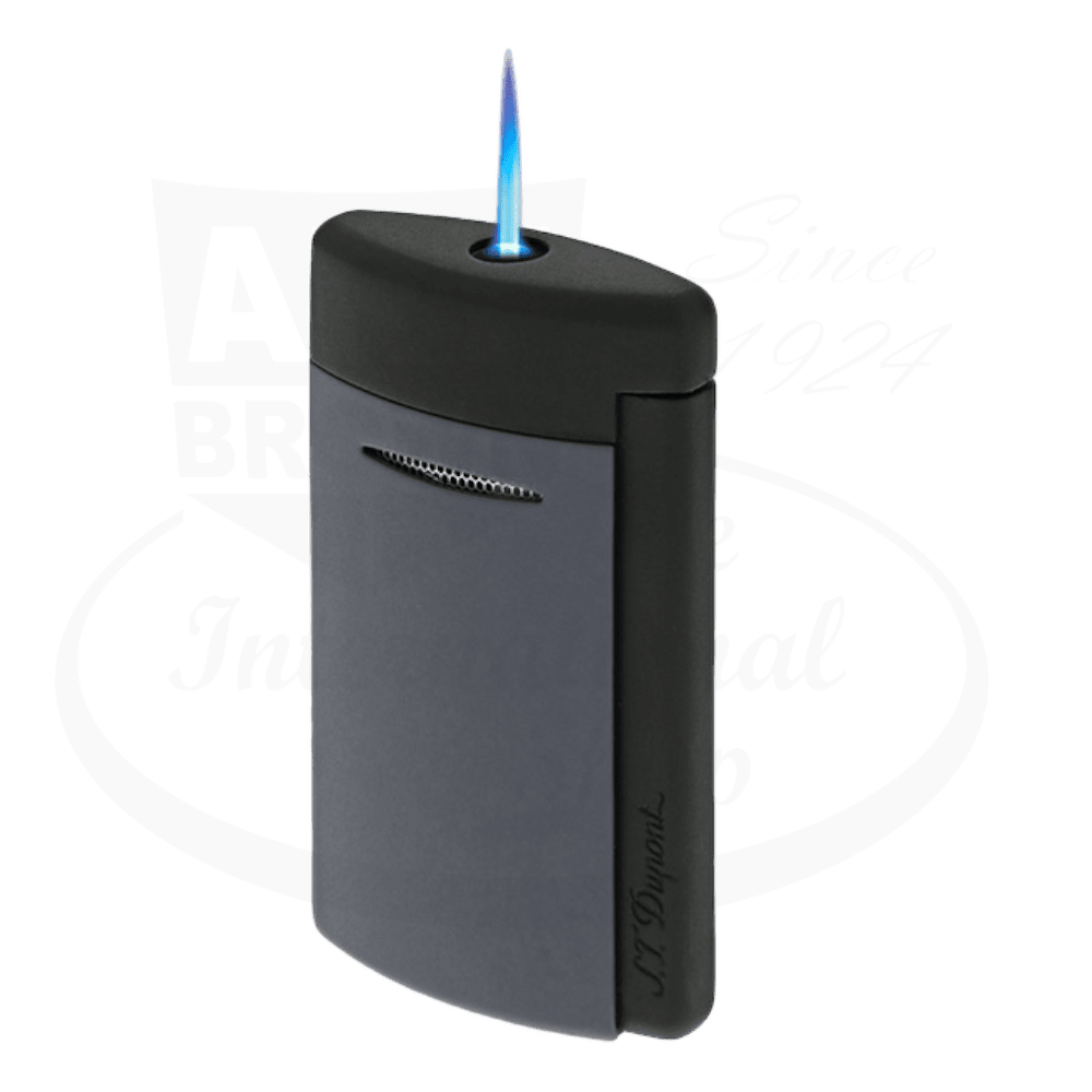 ST Dupont Minijet 010866 graphite and matte black lacquered lighter with blue jet flame, compact rectangular design, sleek modern finish