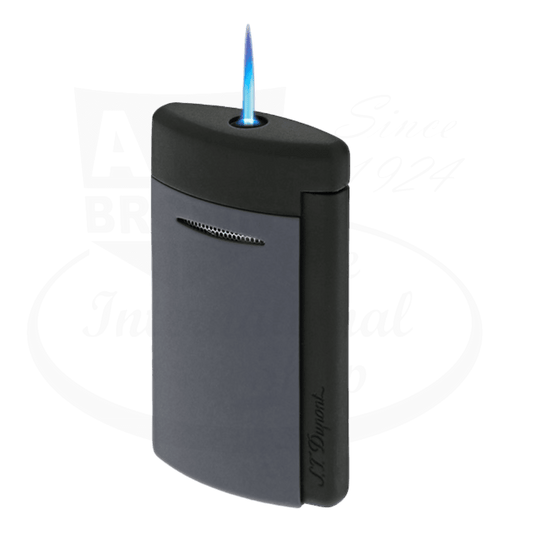 ST Dupont Minijet 010866 graphite and matte black lacquered lighter with blue jet flame, compact rectangular design, sleek modern finish