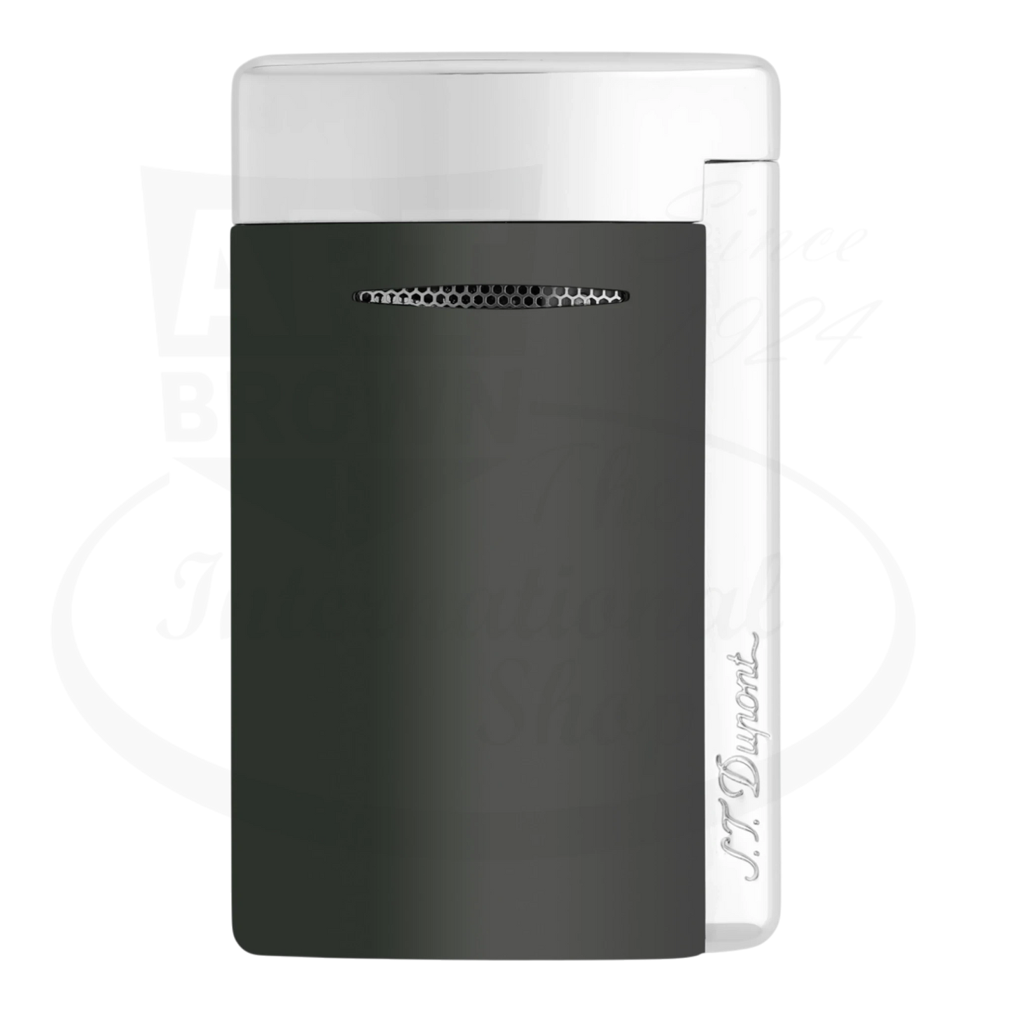 S.T. Dupont shiny black minijet lighter seen from the front, showcasing S.T. Dupont logo.