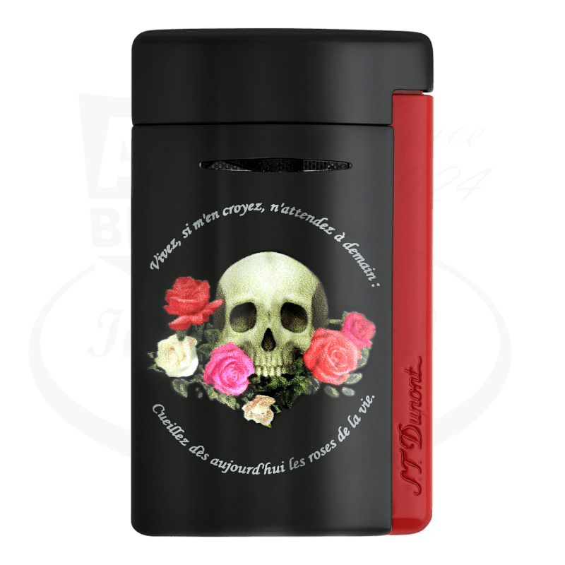 S.T. Dupont Minijet 010894 metal torch lighter in black with Memento Mori skull and roses design, featuring red side accent and circular artwork