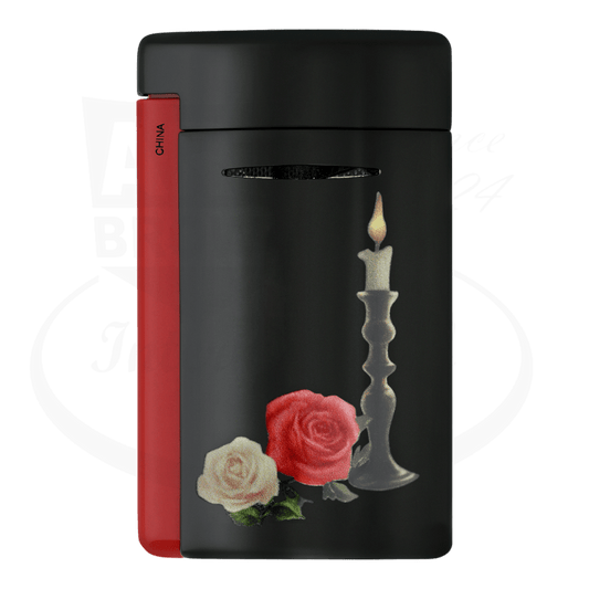 S.T. Dupont Minijet 010894 metal torch lighter in black and red, featuring candle and roses design from Memento Mori collection