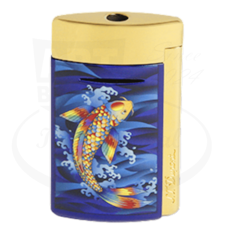 S.T. Dupont Minijet 010897KF brass lighter with gold finish, featuring Japanese koi fish artwork in vibrant blue, orange and yellow on lacquered surface