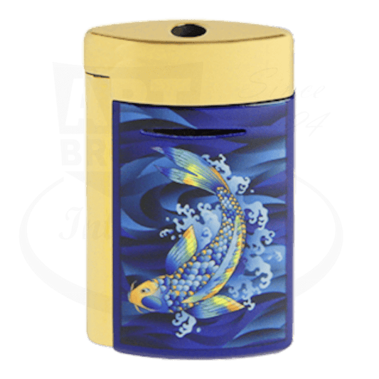 S.T. Dupont Minijet 010897KF brass lighter featuring blue Japanese koi fish design with gold accents against dark blue waves pattern