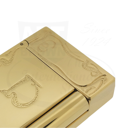 ST Dupont Ligne 2 Art Nouveau 016060DC gold-plated brass lighter with engraved floral patterns and curved Art Nouveau design details