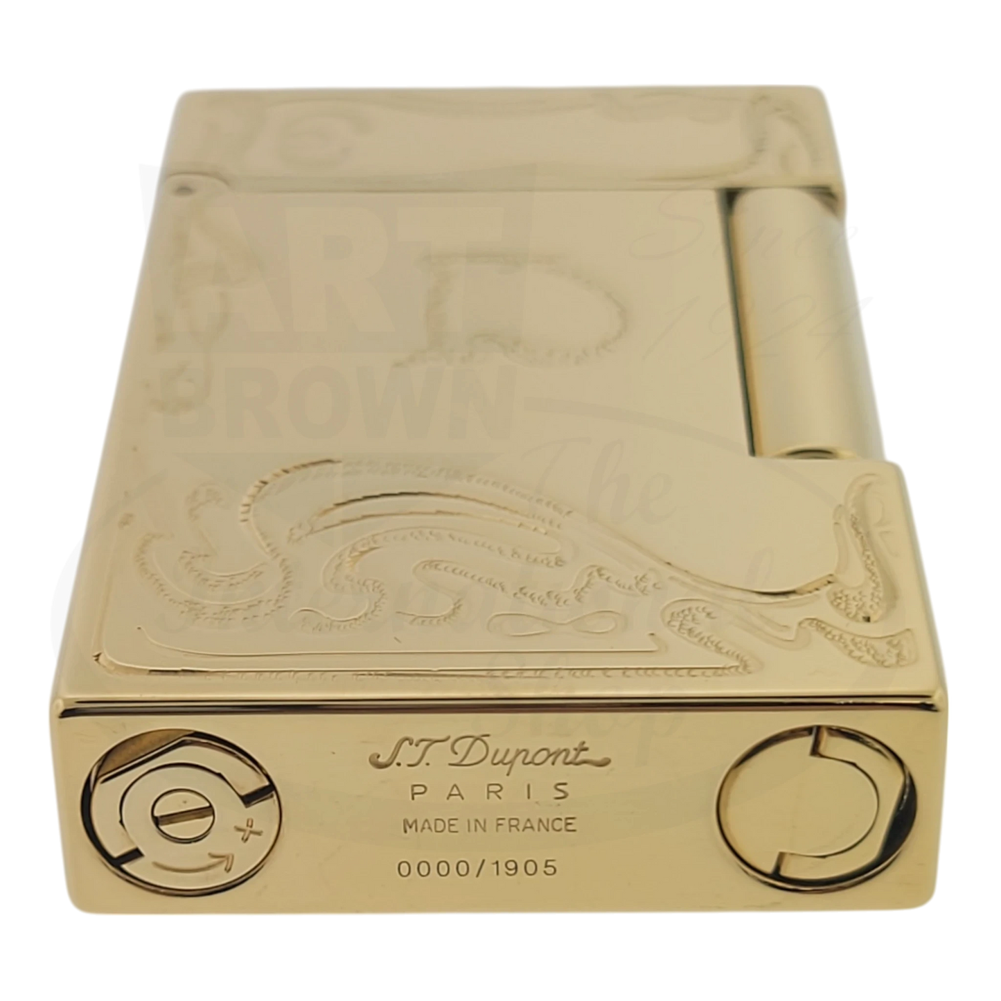 S.T. Dupont Ligne 2 Art Nouveau 016060DC gold-plated luxury lighter with engraved floral patterns, numbered 0000/1905, made in France