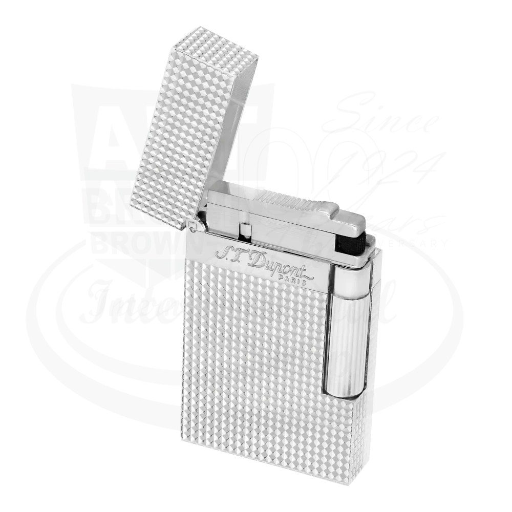 S.T. Dupont Ligne 2 Diamond Head Silver Lighter, 016184, silver metal with textured diamond pattern and hinged lid open