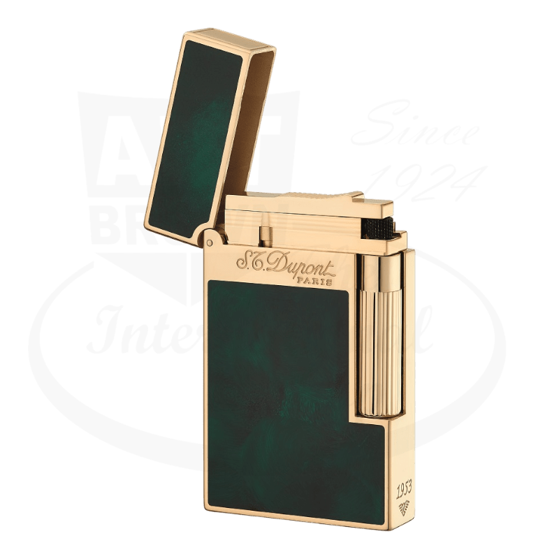 S.T. Dupont Ligne 2 Atelier Lighter Green 016259 natural lacquer yellow gold lighter with emerald green panels and crystal ring cap