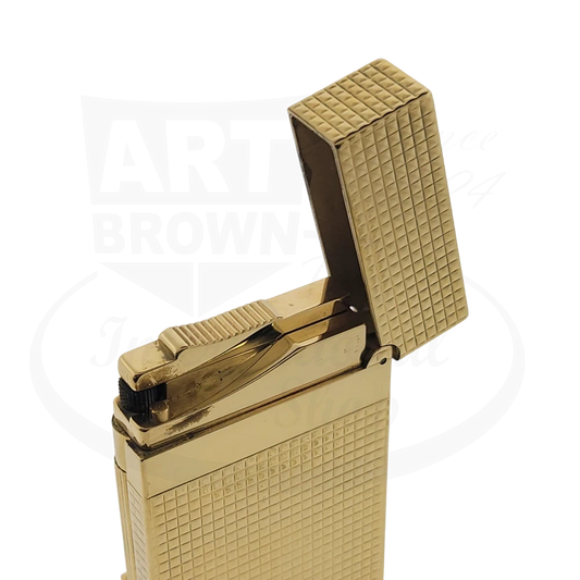 S.T. Dupont gold plated Ligne 2 with diamond head pattern, lid opened showing flame ignition