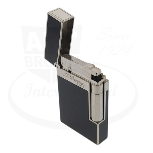 S.T. Dupont Ligne 2 016296-D1 black Chinese lacquer and palladium luxury lighter with open lid displaying signature angular design and metallic accents