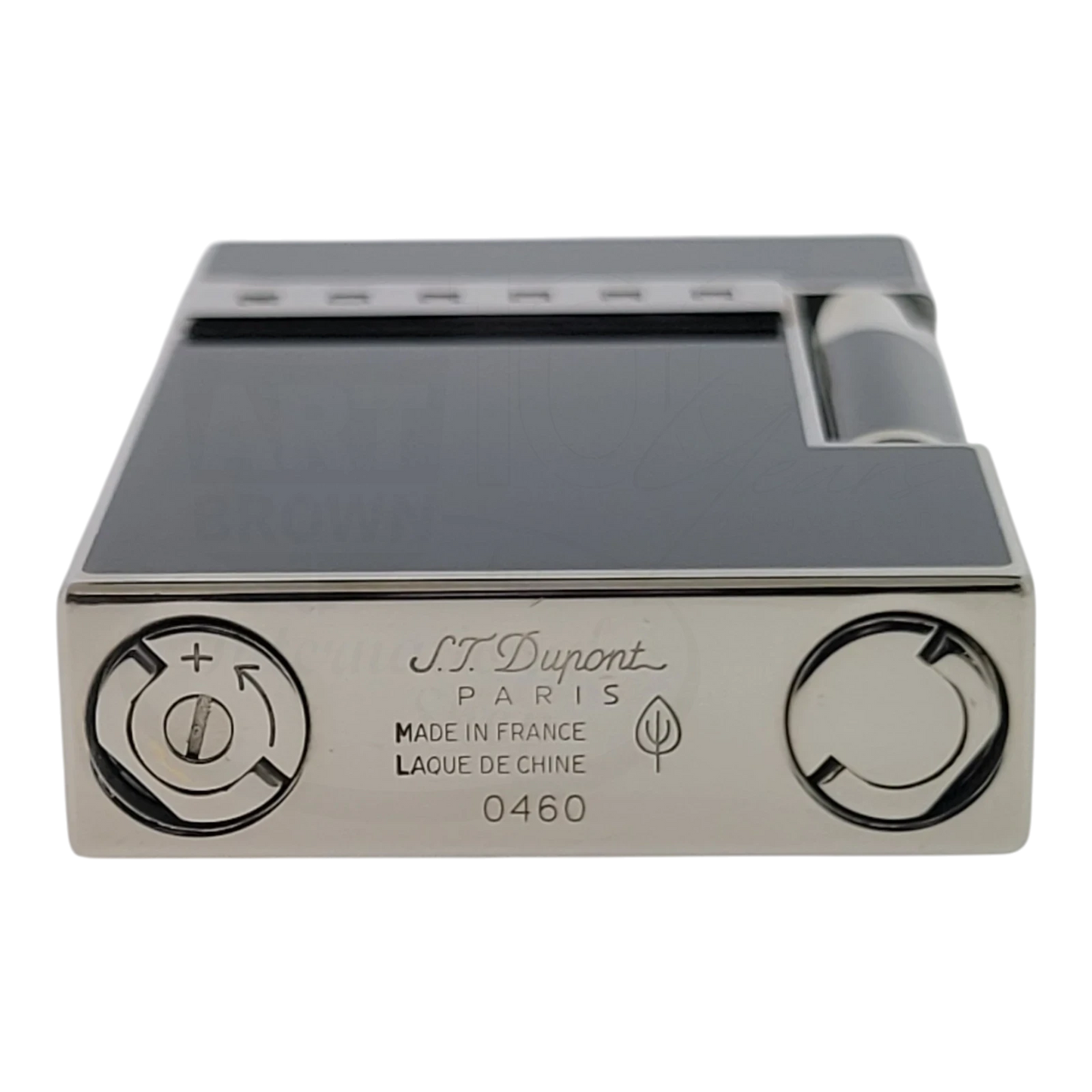 S.T. Dupont Ligne 2 lighter 016478-D1 with black lacquer and palladium, soft flame, serial number 0460 close-up