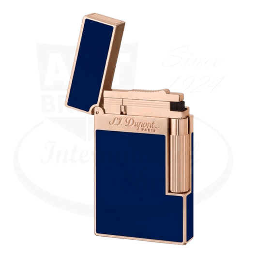 S.T. Dupont Ligne 2 Blue Lacquer and Rose Gold Lighter 016496 with natural lacquer and pink gold, open flame lighter.