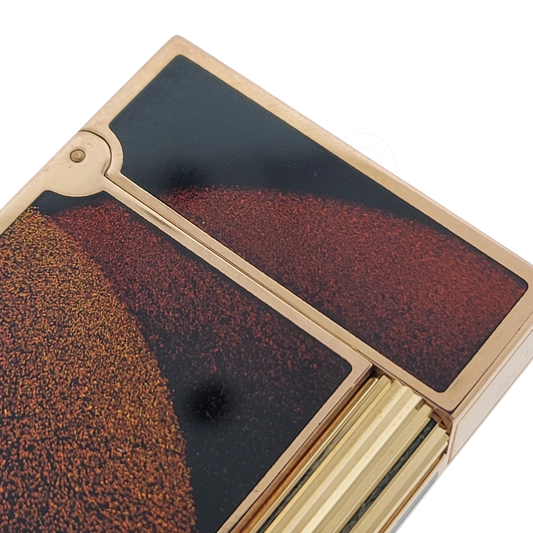 S.T. Dupont Ligne 2 Art Deco lighter close up with geometric lacquer panels and gold ribbed detailing