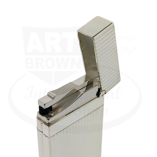 S.T. Dupont Ligne 2 016817-D1 silver brass lighter with vertical line pattern, hinged lid opened showing flint mechanism