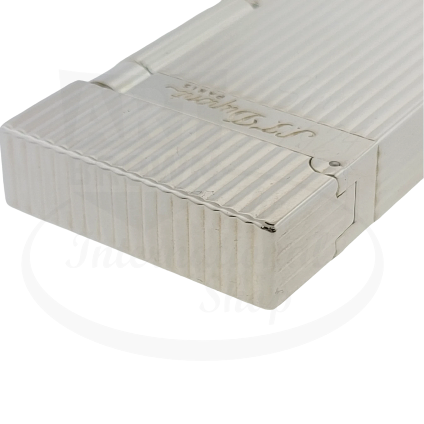 S.T. Dupont Ligne 2 016817-D2 silver brass lighter with vertical line pattern, display model featuring engraved logo and textured surface