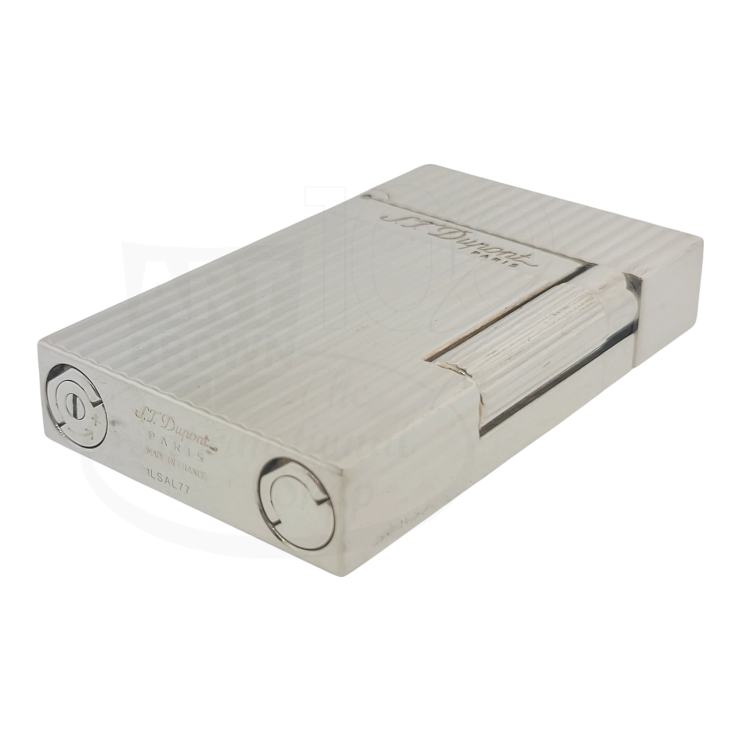 S.T. Dupont Ligne 2 silver lighter 016817-D3 with vertical lines pattern, soft flame, and textured ignition wheel design