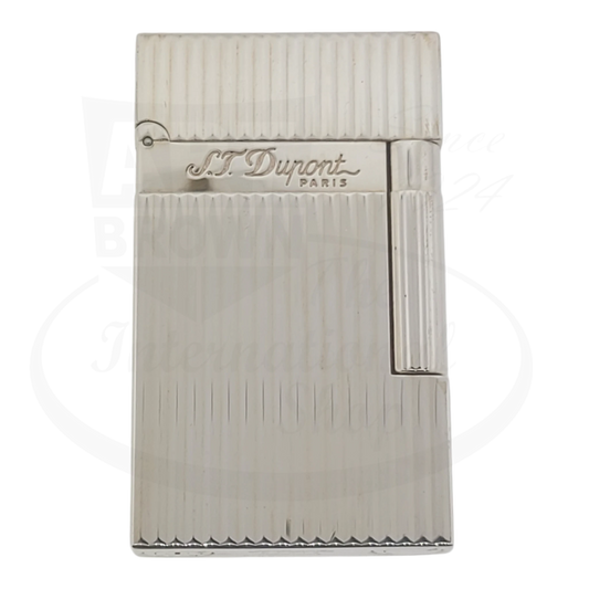 S.T. Dupont Ligne 2 016817-D3 silver brass luxury lighter with vertical line pattern, display model showing classic rectangular design and brand engraving